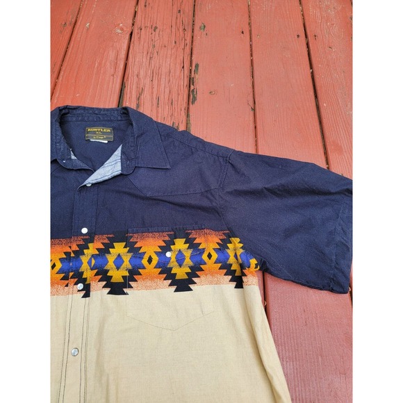 Vtg Rustler Wrangler Shirt Mens XLPearl Snap Aztec Blue Beige Brush Popper - Picture 4 of 7